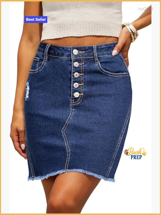 Dresses & Skirts - High Rise Ripped Frayed Button Fly Denim Skirt Stretchy Cotton Summer